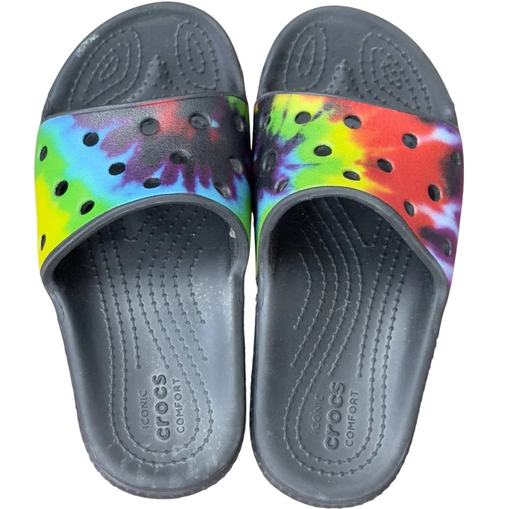 Crocs Classic Slide Kids Size 12 Black Rainbow Tie Dye Foam Comfort Sandal Boho
